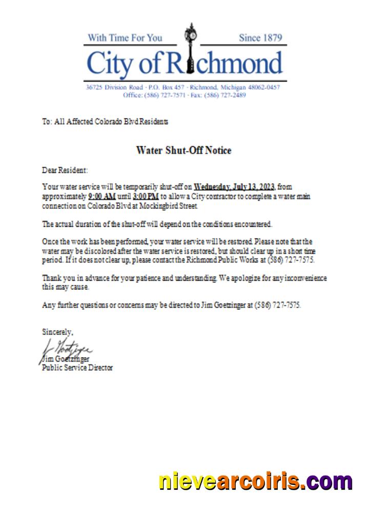 Michigan City of Richmond water shut off notice utility business bill